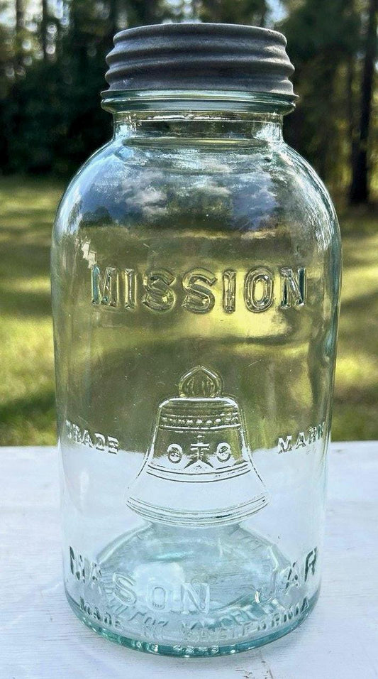 Antique Mission Trade Mark half gallon aqua mason jar