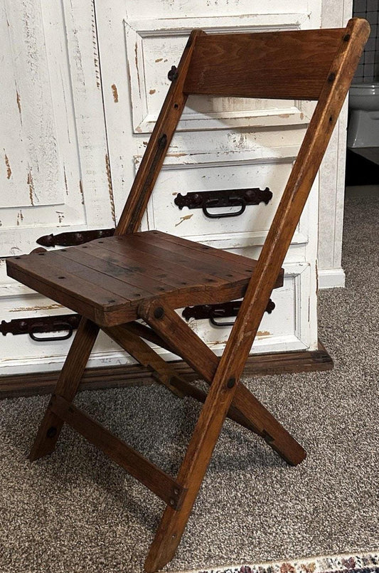 Vintage Solid Oak Folding Chair Vintage Wooden Slat Seat Rustic Farmhouse Primitive
