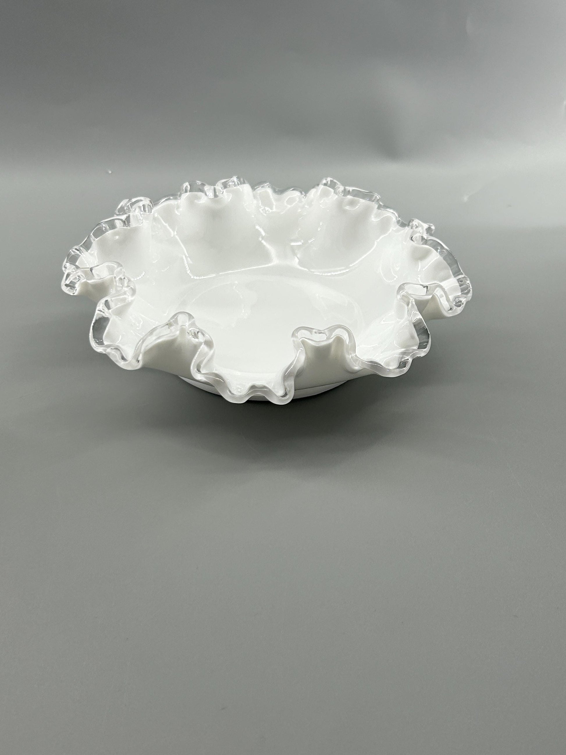 White milk glass pedestal bowl display angle