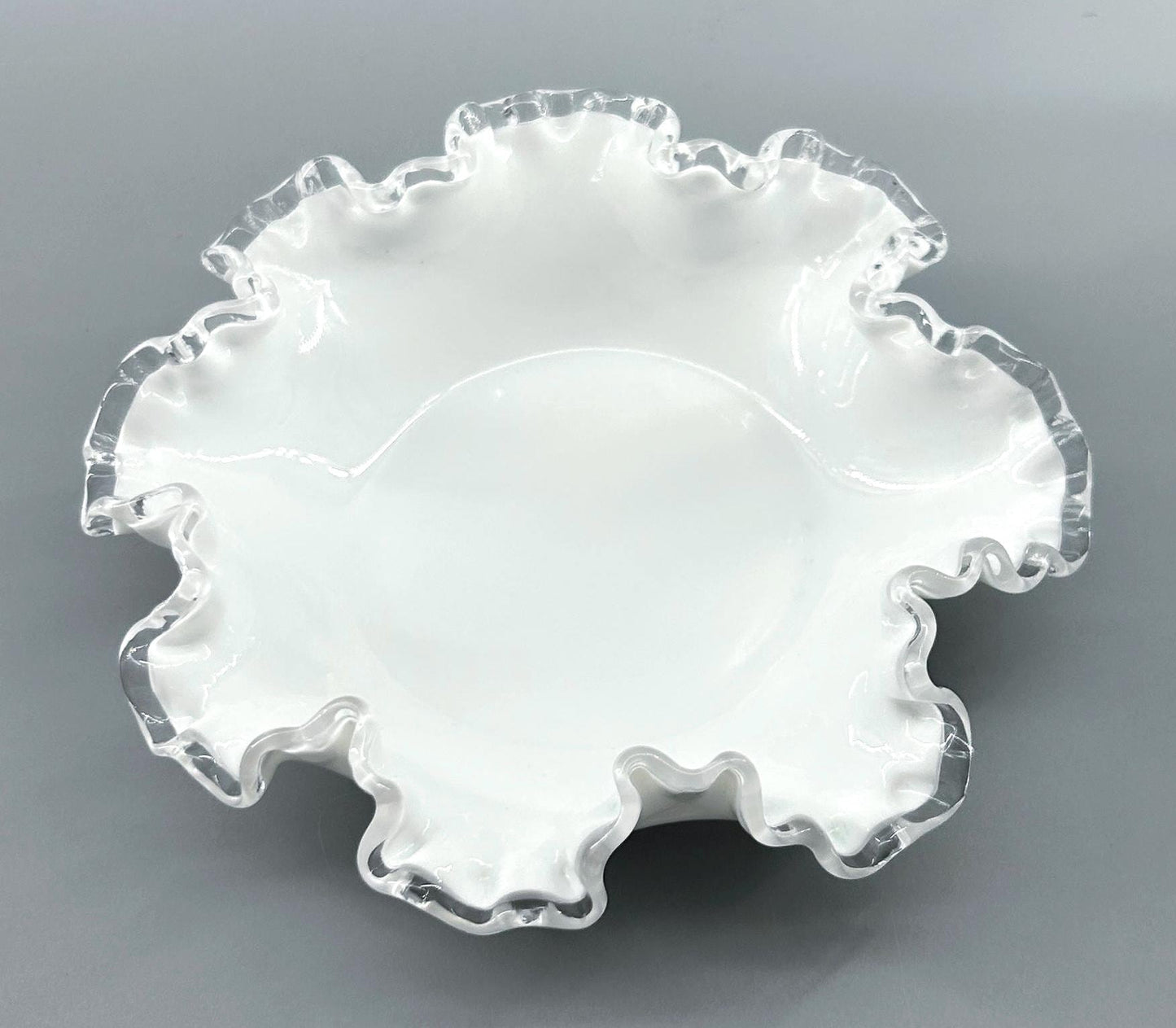 Vintage Fenton Silver Crest milk glass compote with ruffled clear rim