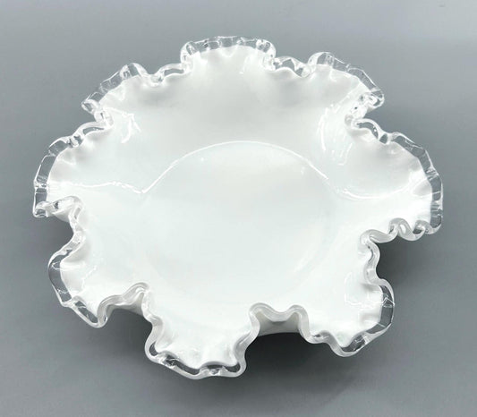 Vintage Fenton Silver Crest milk glass compote with ruffled clear rim