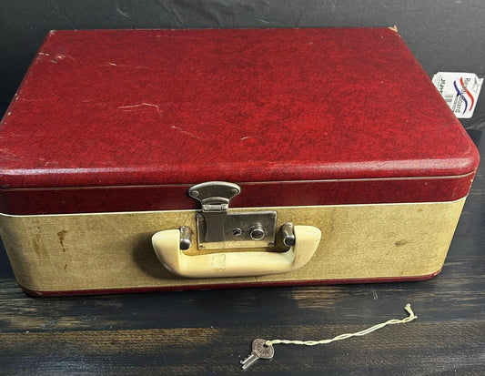 Vintage 1950s Red Vanity Train Case Hard Shell Makeup Case Bakelite Handle Travel
