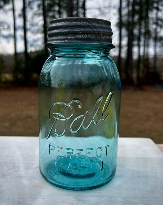 Antique Ball Perfect Mason Jar Aqua Blue Quart #13 Mold Original Zinc Lid c. 1920s