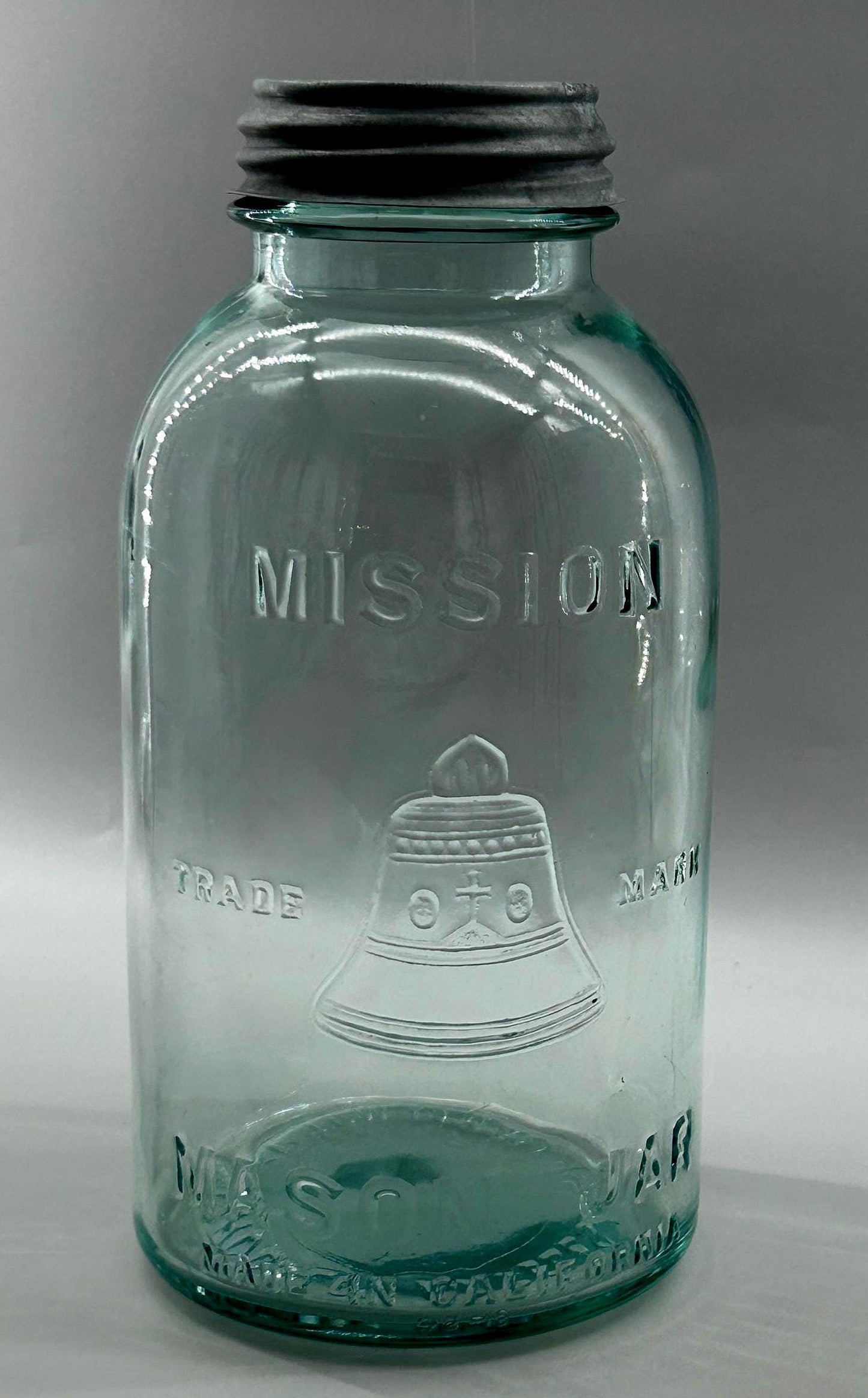 Mission bell pictorial mason jar front view