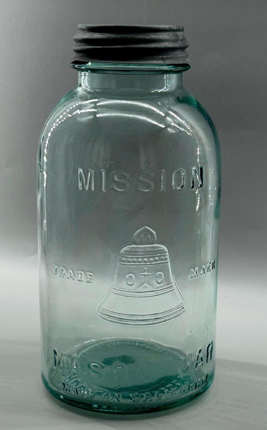 Mission bell pictorial mason jar front view