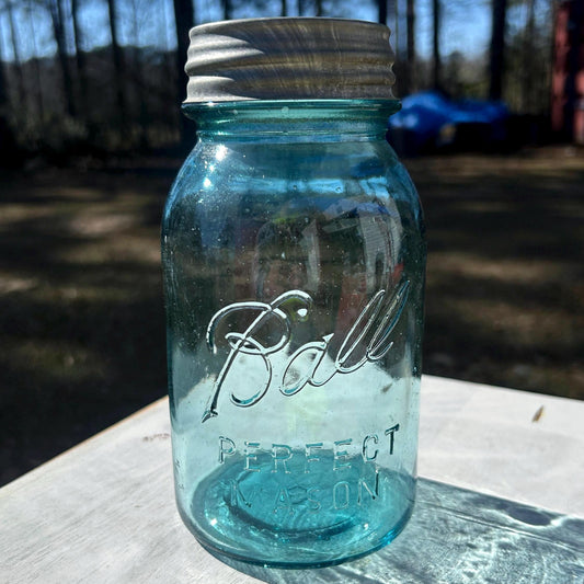 Vintage Rare #13 Ball Perfect Mason Jar Aqua Quart w Original Zinc Lid Antique 1920s Blue Glass Canning Jar