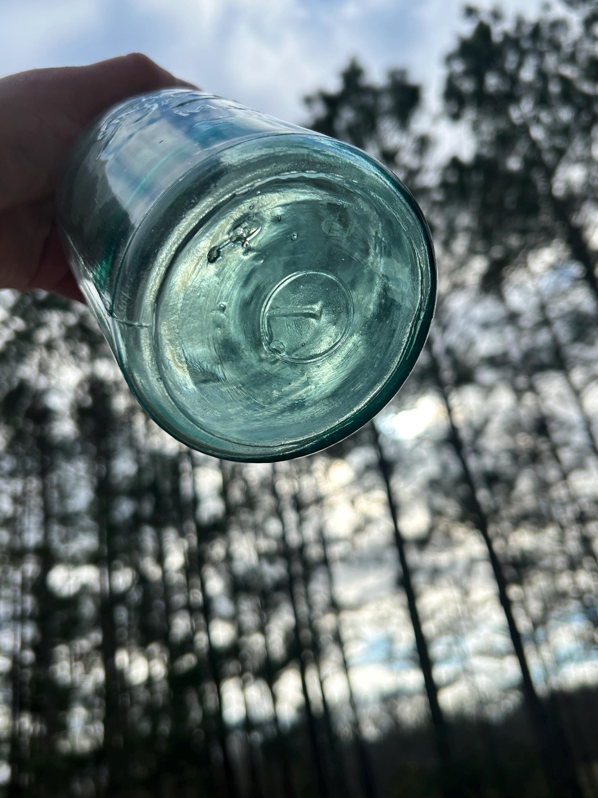 Seed bubbles in forest green antique glass jar