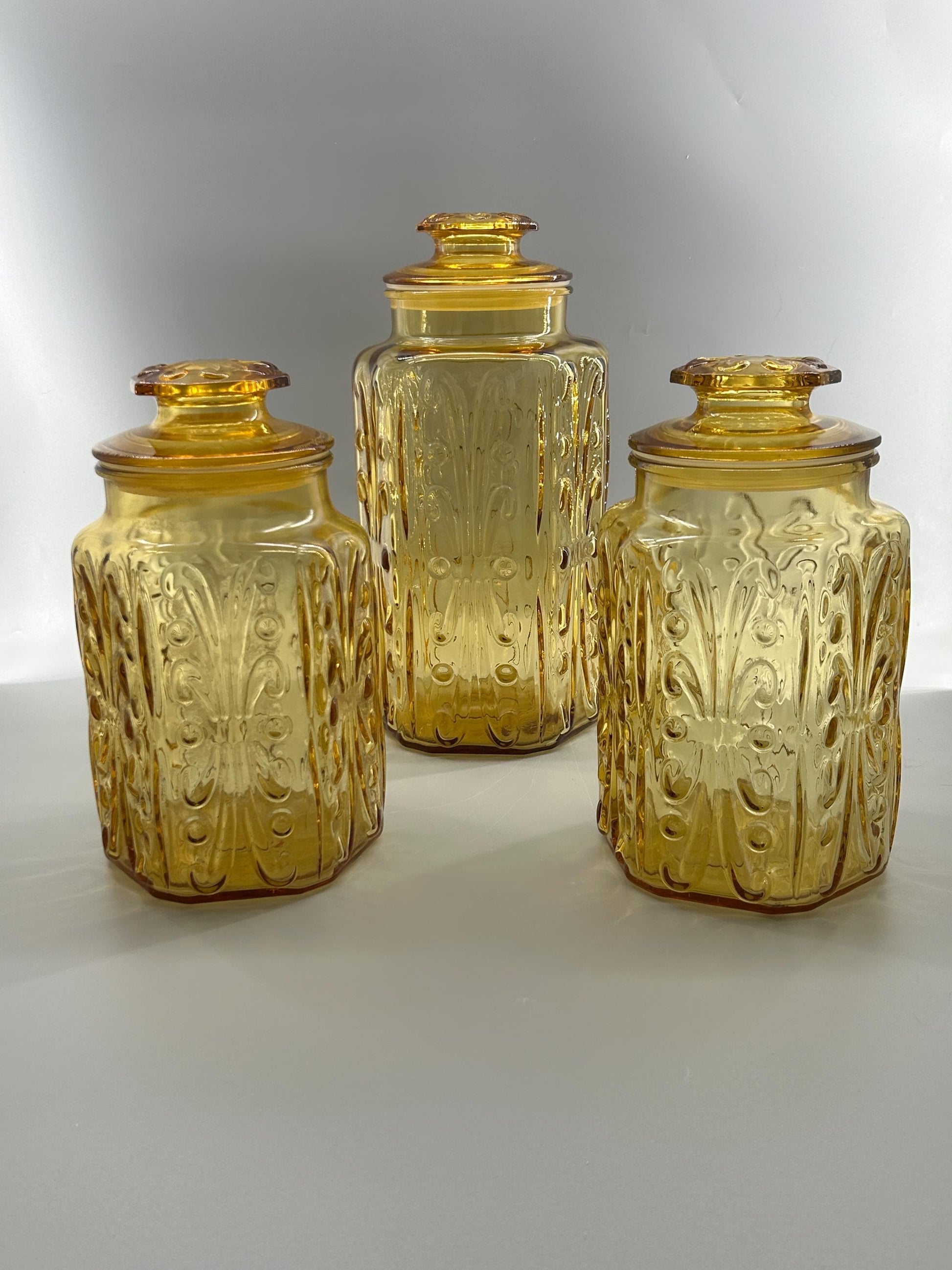 Vintage Indiana Glass Amber Canister Set of 3 MCM Kitchen Storage Jars Retro