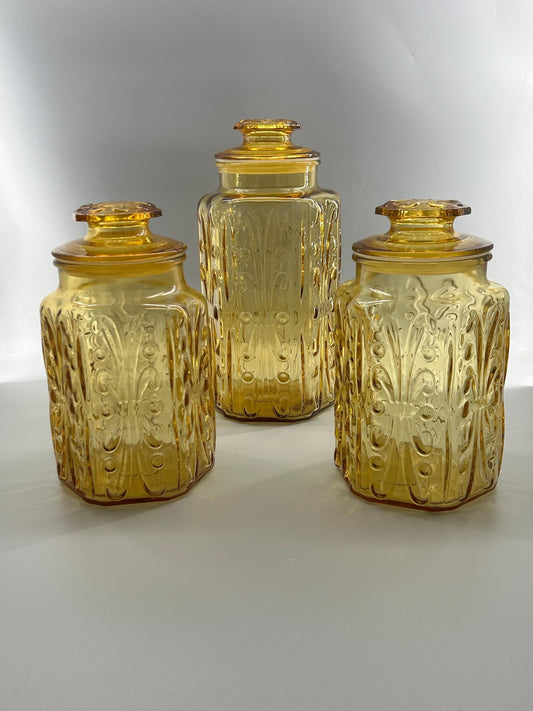 Vintage Indiana Glass Amber Canister Set of 3 MCM Kitchen Storage Jars Retro