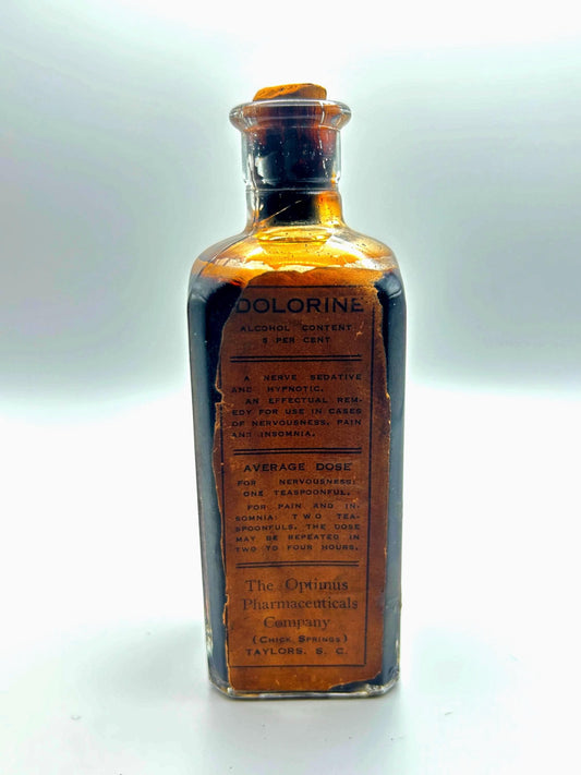 Antique Dolorine Medicine Bottle Full Contents Cork Stopper Taylors SC Apothecary Nerve Sedative