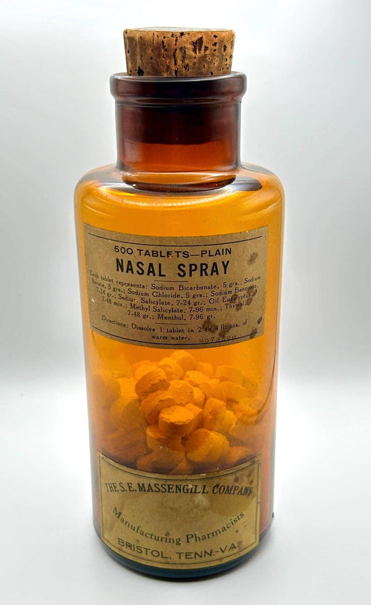 Antique Eli Lilly Apothecary Bottle Amber Glass With Original Tablets and Cork Pharmacy Jar