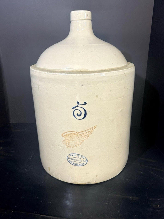 Antique Red Wing 5 gallon stoneware shoulder jug with wing logo