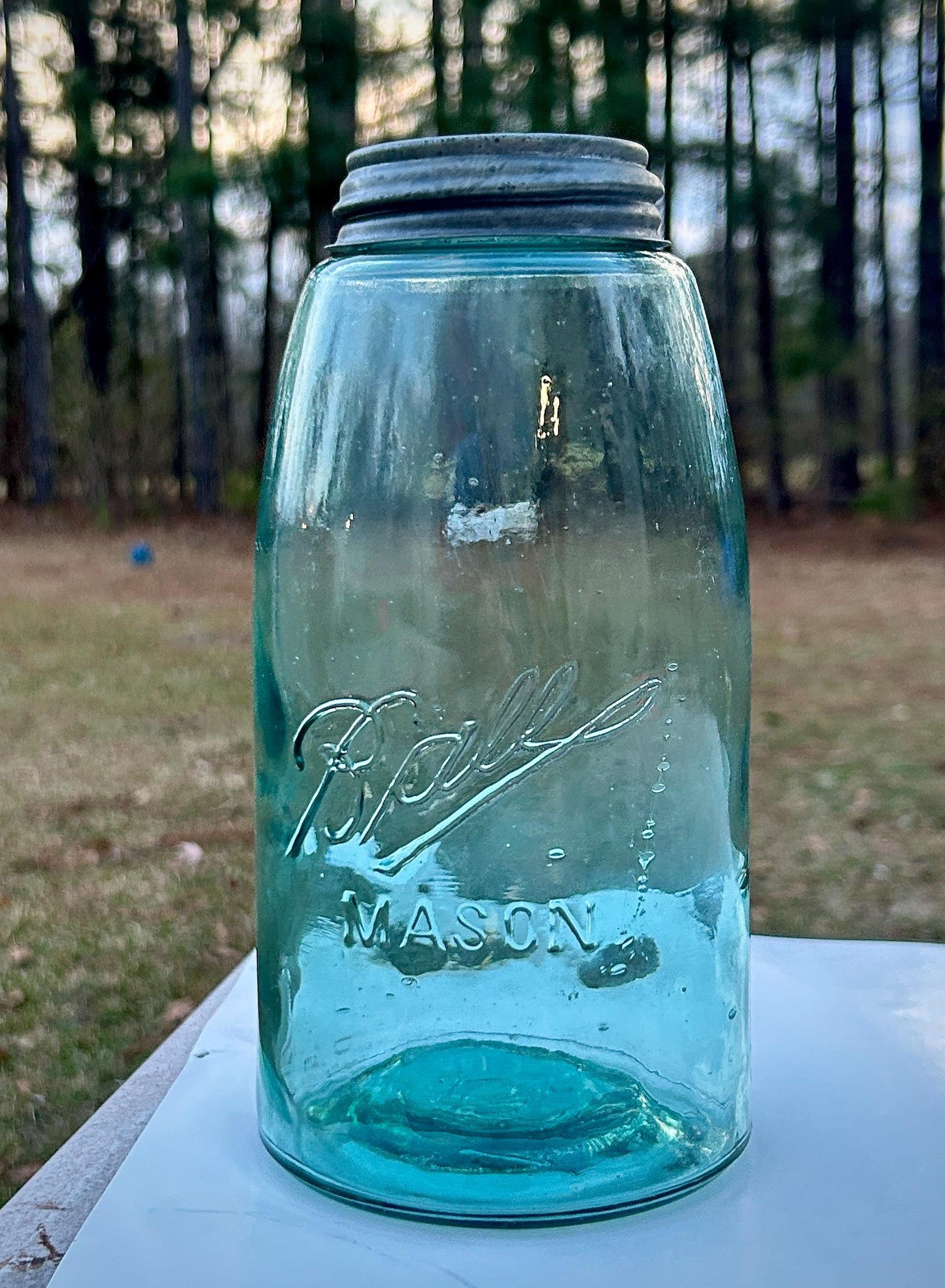 Antique Ball Triple-L MASON half gallon aqua jar with seed bubble trail