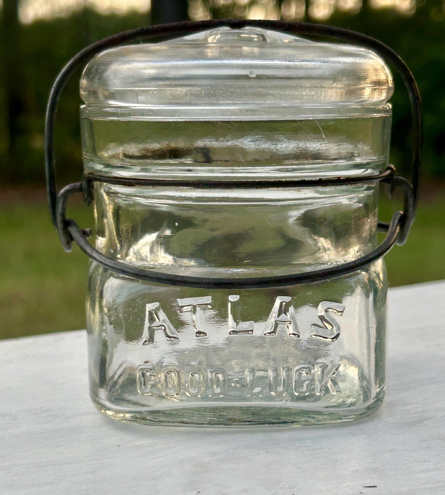 Antique Atlas Good Luck half pint fruit jar without clover