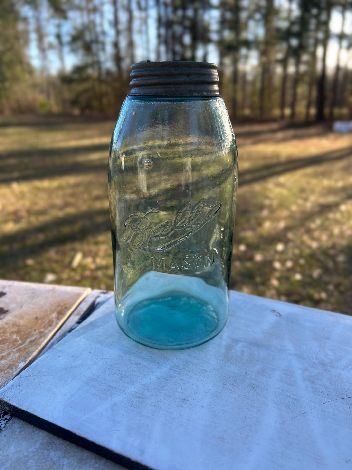 Ball Triple-L MASON half gallon aqua jar with B center-loop error