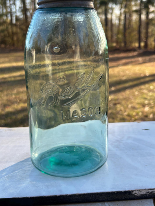 Antique Ball Triple-L MASON half gallon aqua shoulder seal jar